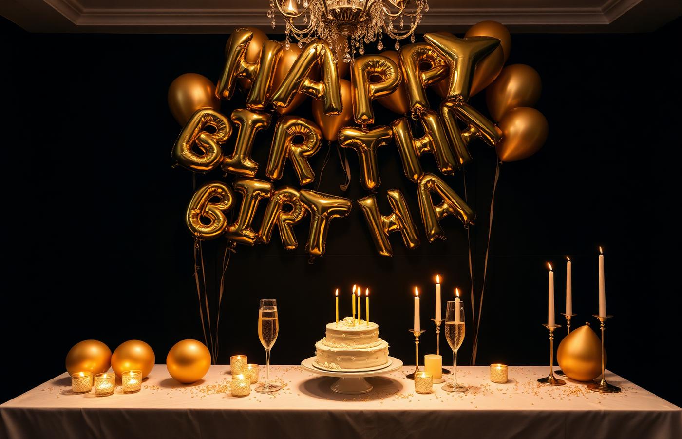 Gold birthday decor setup with cake and champagne at The Avery