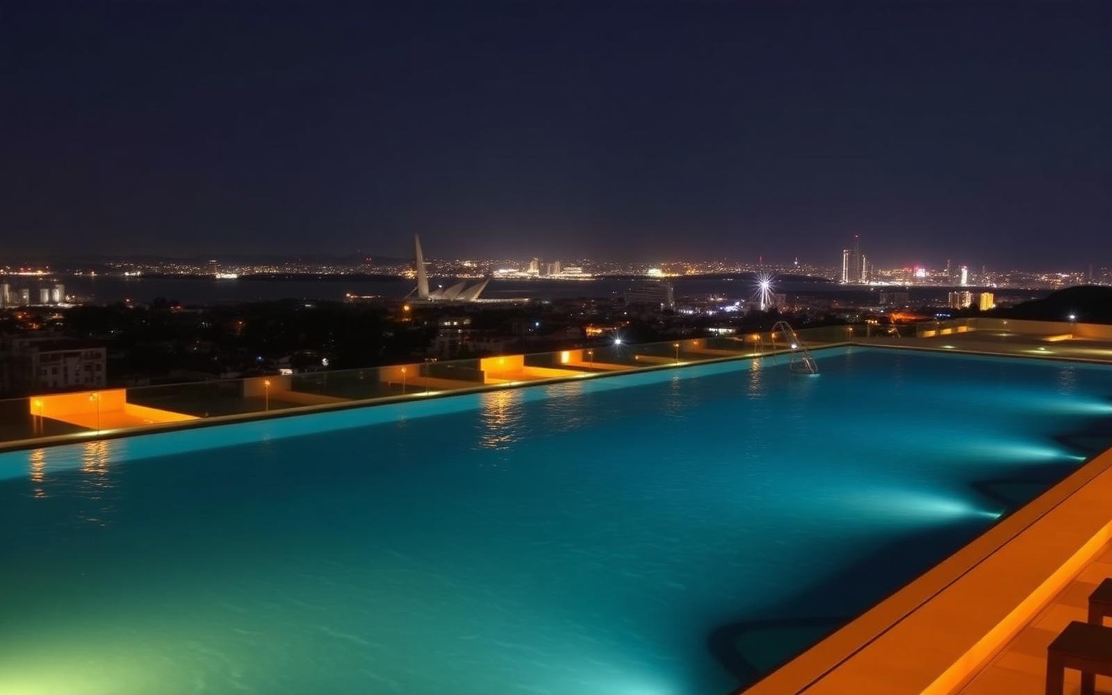 Rooftop infinity pool at night overlooking Lagos